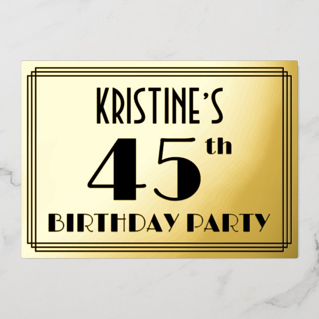 Invitación Con Relieve Metalizado 45ª Fiesta de Cumpleaños — Aspecto Art Deco "45" + (Anverso)