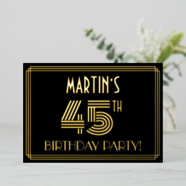 Invitación Con Relieve Metalizado 45ª Fiesta de Cumpleaños — Estilo Art Deco "45" + 