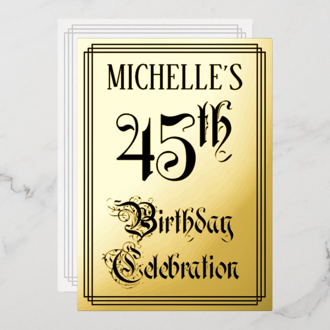 Invitación Con Relieve Metalizado 45ª fiesta de cumpleaños — Guión elegante + Nombre (Anverso/Reverso)