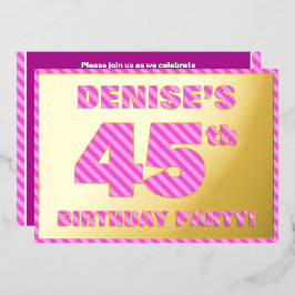 Invitación Con Relieve Metalizado 45ª Fiesta de Cumpleaños — Negrita, Diversión, Ban