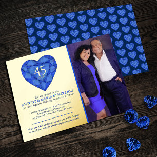 Invitación Con Relieve Metalizado 45º Aniversario de bodas corazón foto zafiro azul