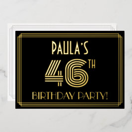 Invitación Con Relieve Metalizado 46ª Fiesta de Cumpleaños — Estilo Art Deco "46" + 