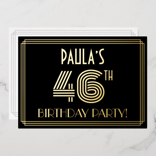 Invitación Con Relieve Metalizado 46ª Fiesta de Cumpleaños — Estilo Art Deco "46" +  (Anverso/Reverso)
