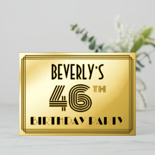 Invitación Con Relieve Metalizado 46ª Fiesta de Cumpleaños — Estilo Art Deco "46" y 