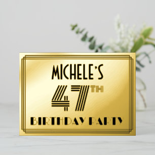 Invitación Con Relieve Metalizado 47ª Fiesta de Cumpleaños — Estilo Art Deco "47" y 