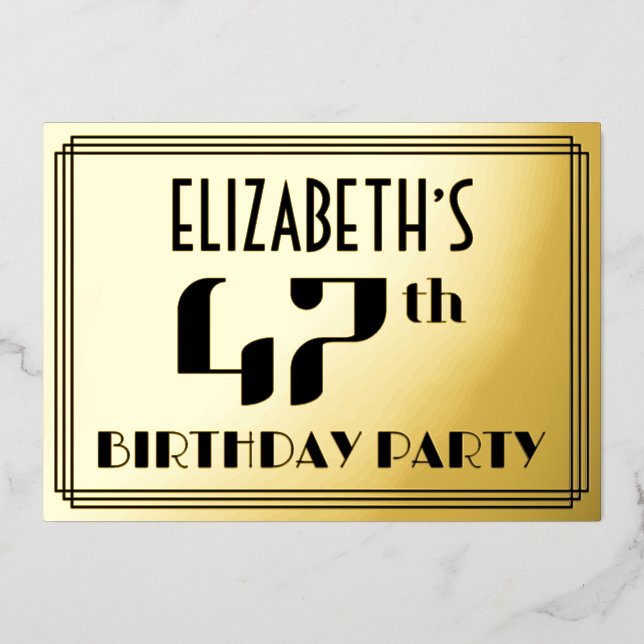 Invitación Con Relieve Metalizado 47.ª fiesta de cumpleaños: Art Deco "47" y nombre (Anverso)