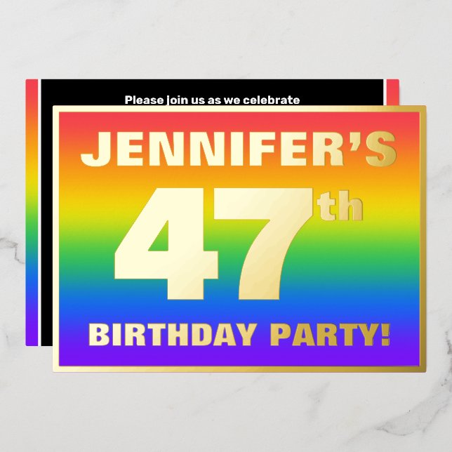 Invitación Con Relieve Metalizado 47.ª fiesta de cumpleaños: Patrón arcoiris diverti (Anverso/Reverso)