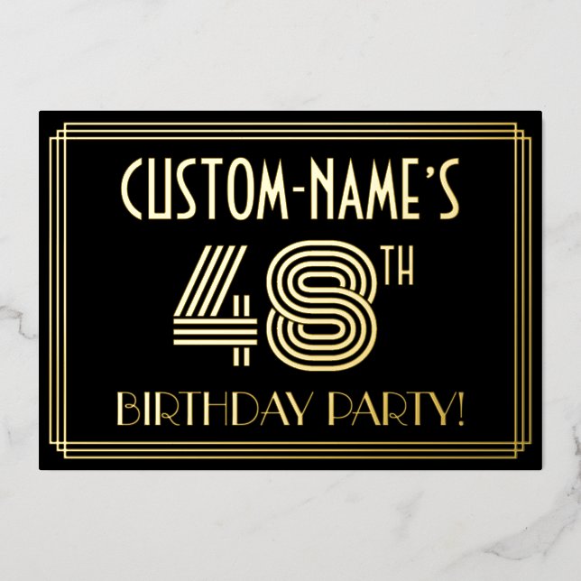Invitación Con Relieve Metalizado 48ª Fiesta de Cumpleaños — Estilo Art Deco "48" +  (Anverso)