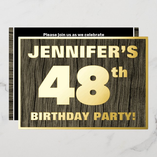Invitación Con Relieve Metalizado 48ª Fiesta de Cumpleaños: Negrita, Patrón de Grano (Anverso/Reverso)