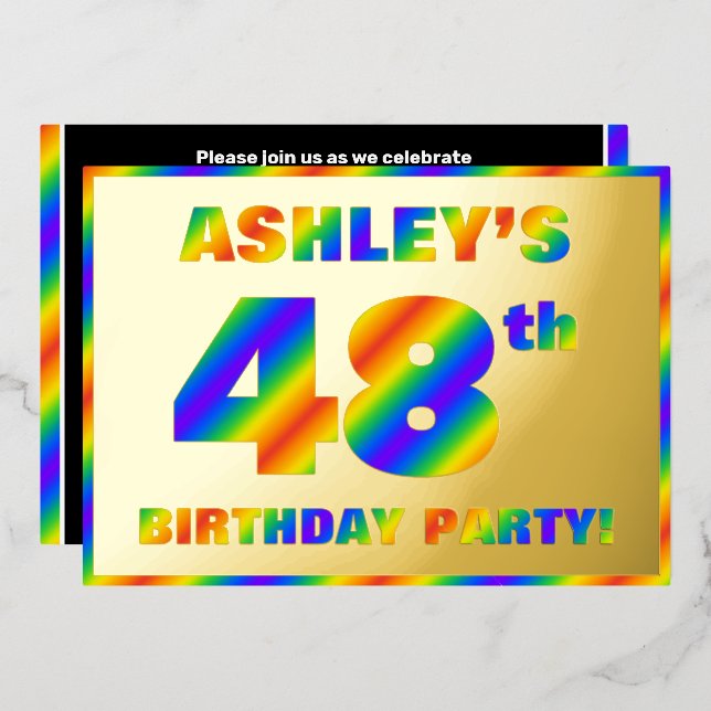 Invitación Con Relieve Metalizado 48.ª fiesta de cumpleaños — Diversión, espectro ar (Anverso/Reverso)