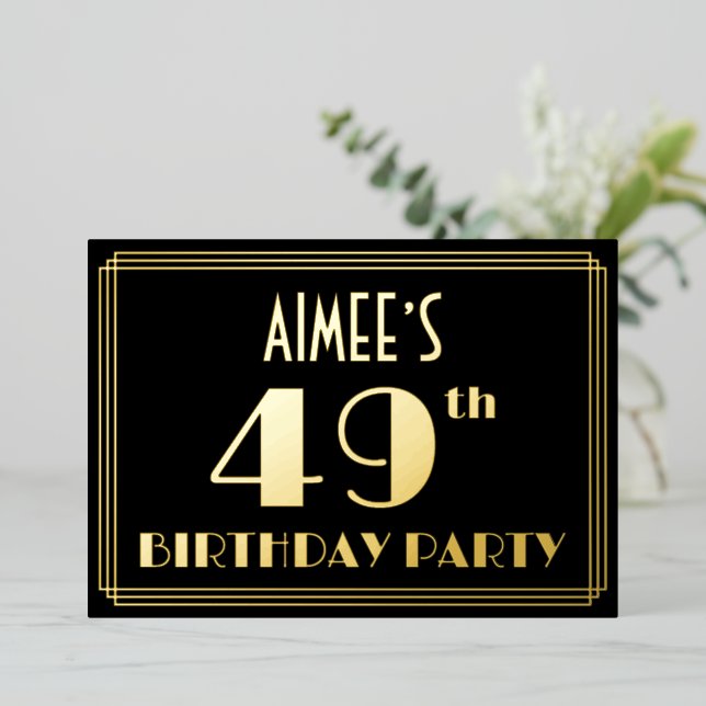 Invitación Con Relieve Metalizado 49ª Fiesta de Cumpleaños: Art Deco Look "49", con  (Anverso de pie)