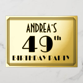 Invitación Con Relieve Metalizado 49ª Fiesta de Cumpleaños — Aspecto Art Deco "49" +