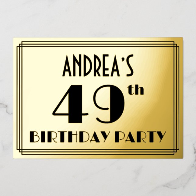 Invitación Con Relieve Metalizado 49ª Fiesta de Cumpleaños — Aspecto Art Deco "49" + (Anverso)