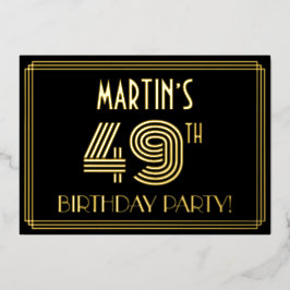 Invitación Con Relieve Metalizado 49ª Fiesta de Cumpleaños — Estilo Art Deco "49" + 
