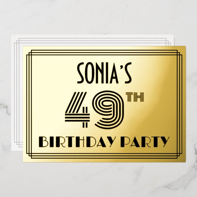 Invitación Con Relieve Metalizado 49ª Fiesta de Cumpleaños — Estilo Art Deco "49" y  (Anverso/Reverso)