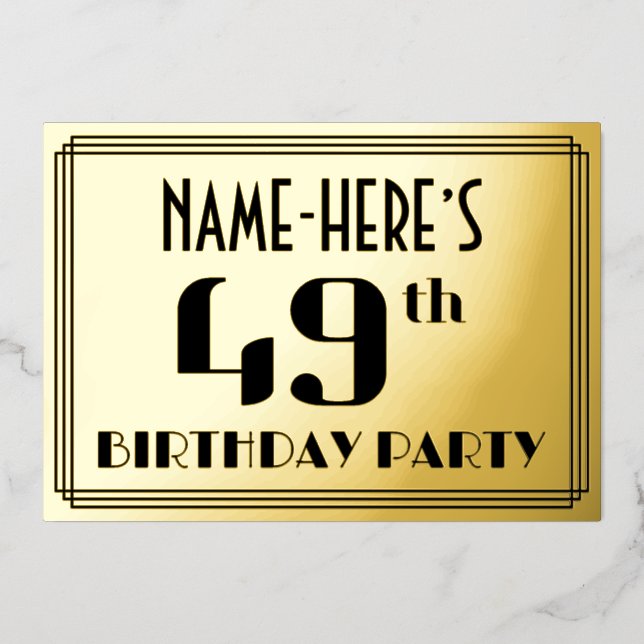 Invitación Con Relieve Metalizado 49.ª fiesta de cumpleaños: Art Deco "49" y nombre (Anverso)