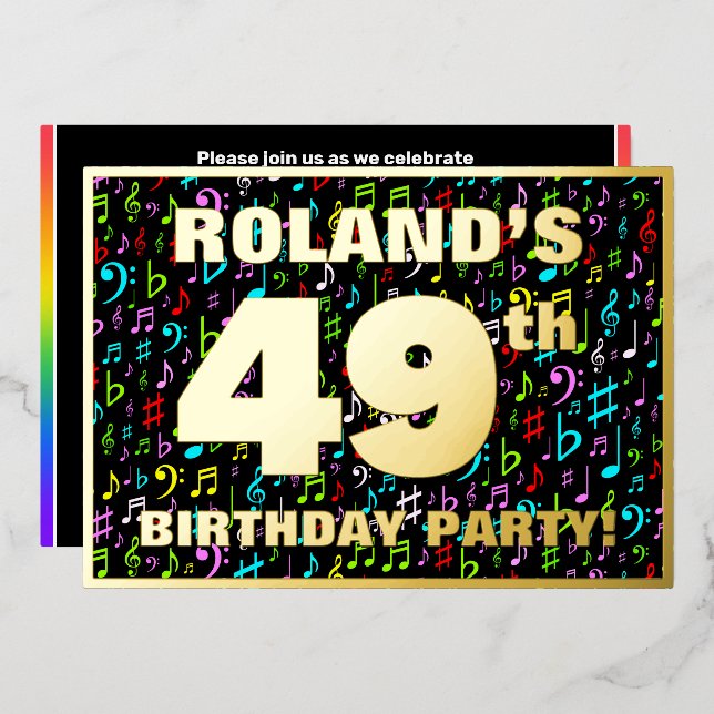 Invitación Con Relieve Metalizado 49.ª fiesta de cumpleaños — Símbolos musicales div (Anverso/Reverso)