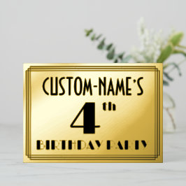 Invitación Con Relieve Metalizado 4.º Fiesta de cumpleaños — Art Deco Aspecto "4" + 