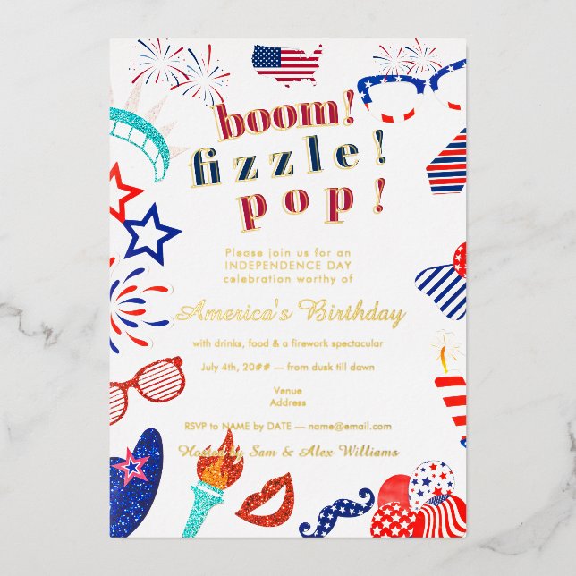 Invitación Con Relieve Metalizado 4 de julio: Boom Fizzle Pop BBQ (Anverso)