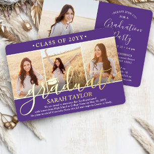 Invitación Con Relieve Metalizado 4 Fiesta de Graduación con Fotos Morado, Blanco y