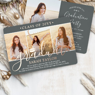 Invitación Con Relieve Metalizado 4 Fiesta de Graduación Foto Moderno Script Gris y