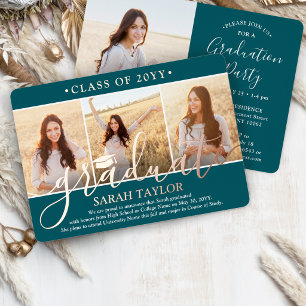 Invitación Con Relieve Metalizado 4 Fiesta de Graduación Foto Moderno Script Turques