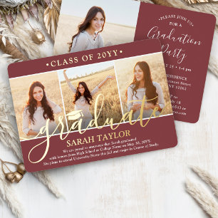 Invitación Con Relieve Metalizado 4 Fotos Fiesta de Graduación Burgundy, Blanco y Re