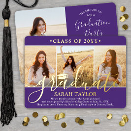 Invitación Con Relieve Metalizado 4 Partido de Graduación Fotográfica Morado, Blanco