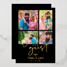 Invitación Con Relieve Metalizado 4 photos Real Golden Black Trendy Collage Wedding
