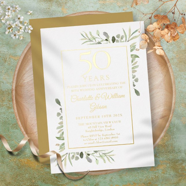Invitación Con Relieve Metalizado 50º Aniversario de Boda Acuarela Follaje Dorado (50th Wedding Anniversary Watercolor Greenery Gold Foil Invitation)