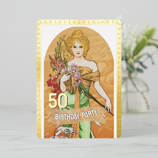 Invitación Con Relieve Metalizado 50.ª fiesta de cumpleaños, diosa de primavera, art (Anverso de pie)