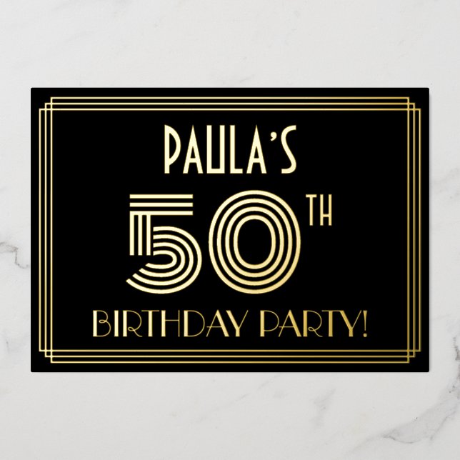Invitación Con Relieve Metalizado 50.ª Fiesta de Cumpleaños — Estilo Art Deco "50" + (Anverso)