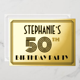 Invitación Con Relieve Metalizado 50.ª Fiesta de Cumpleaños — Estilo Art Deco "50" y