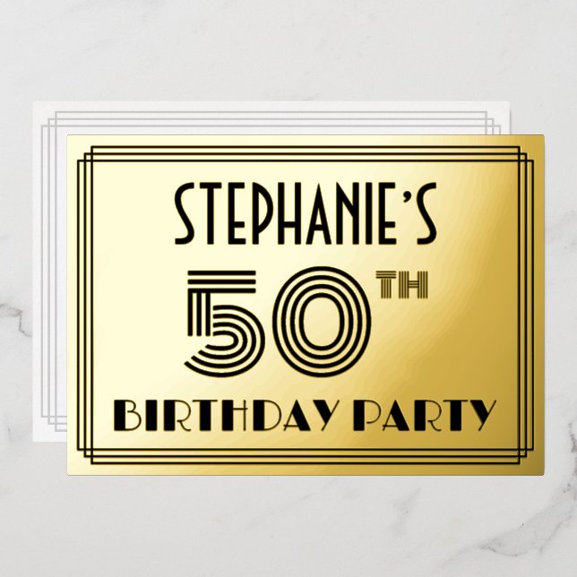 Invitación Con Relieve Metalizado 50.ª Fiesta de Cumpleaños — Estilo Art Deco "50" y (Anverso/Reverso)