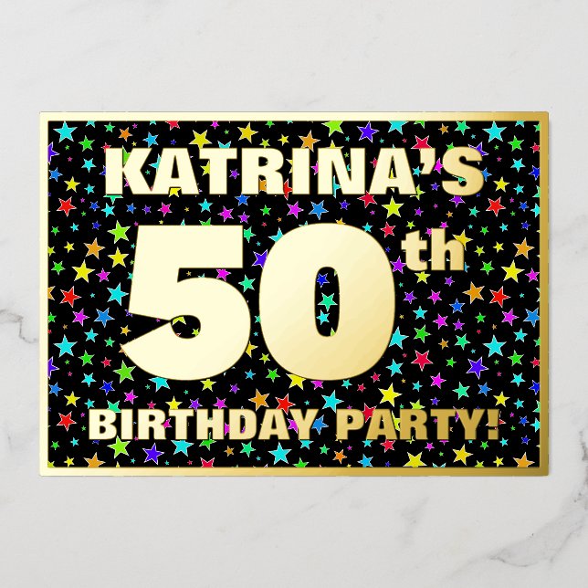 Invitación Con Relieve Metalizado 50.ª fiesta de cumpleaños — Patrón de estrellas di (Anverso)