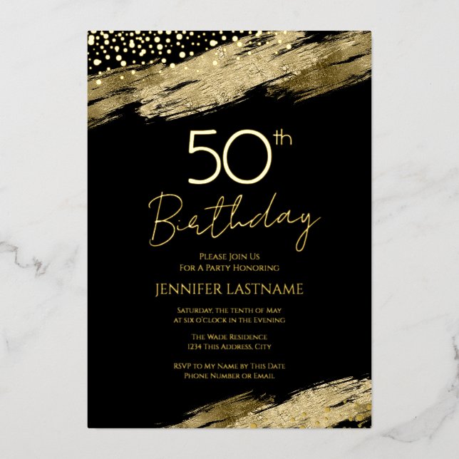 Invitación Con Relieve Metalizado 50.ª Fiesta de Cumpleaños Presupuesto Oro Invitaci (Anverso)