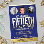 Invitación Con Relieve Metalizado 50.ª fiesta de cumpleaños Relieve metalizado de or<br><div class="desc">Negrita simple gráfico azul oscuro, y Relieve metalizado oro o tu propia plantilla de foto color Relieve metalizado 50 cumpleaños fiesta invitación. Personalice esta invitación de cumpleaños con sus propios detalles de la fiesta de cumpleaños, y tres fotos diferentes de su hijo o chica de cumpleaños en los círculos de...</div>