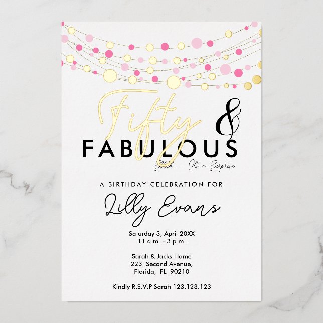 Invitación Con Relieve Metalizado 50.ª fiesta de cumpleaños sorpresa elegante (Anverso)