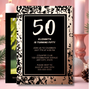 Invitación Con Relieve Metalizado 50.ª foto de oro de Rosa negro en cumpleaños Perso