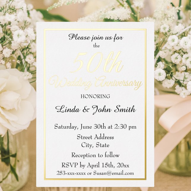 Invitación Con Relieve Metalizado 50.º Aniversario Boda de Oro Simple (In Situ Flowers)