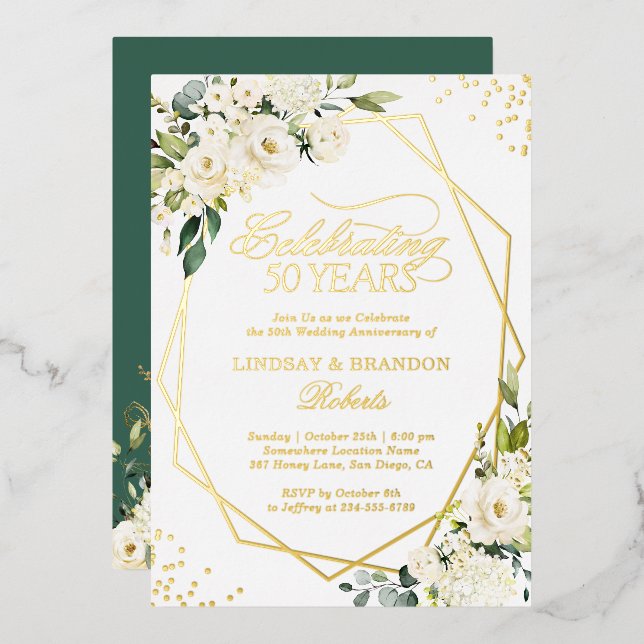 Invitación Con Relieve Metalizado 50.º Aniversario Boda Greenery Gold Geométrico (Anverso/Reverso)