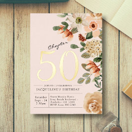 Invitación Con Relieve Metalizado 50.º Aniversario Vintage Floral Peach Capítulo 50