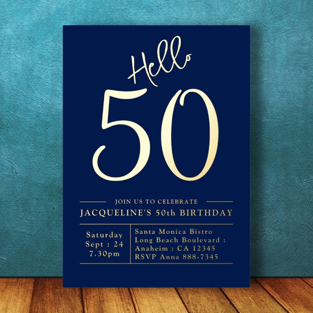 Invitación Con Relieve Metalizado 50.º cumpleaños Hola 50 Oro Azul (Subido por el creador)