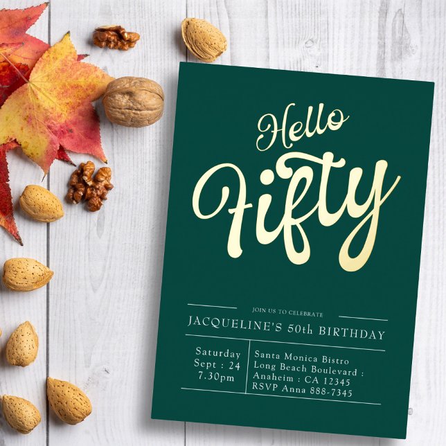 Invitación Con Relieve Metalizado 50.º cumpleaños Hola Cincuenta Oro Verde (Subido por el creador)