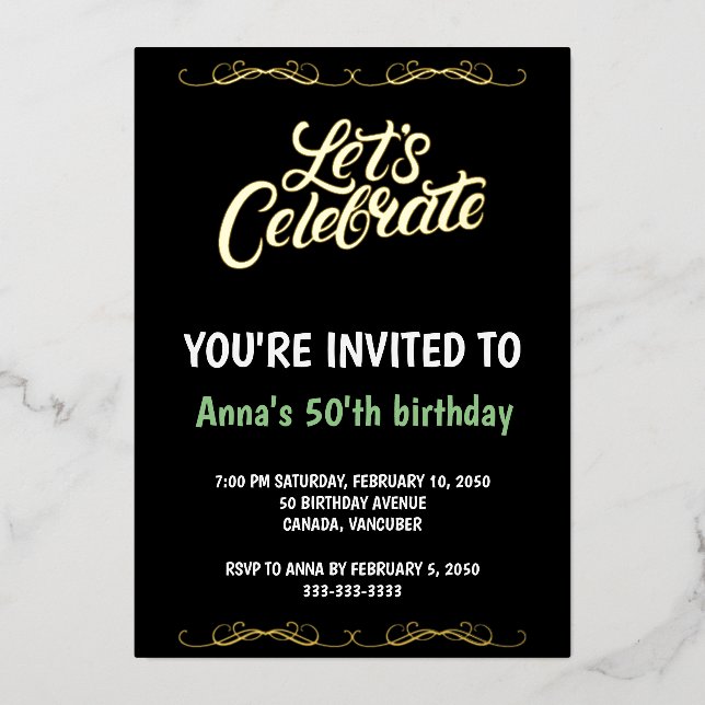 Invitación Con Relieve Metalizado 50.º Relieve metalizado de cumpleaños (Anverso)