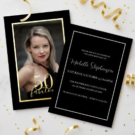 Invitación Con Relieve Metalizado 50 and Fabulous Birthday Elegant Photo Black Gold