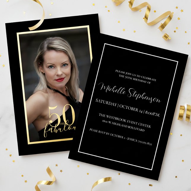 Invitación Con Relieve Metalizado 50 and Fabulous Birthday Elegant Photo Black Gold (Subido por el creador)
