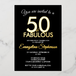 Invitación Con Relieve Metalizado 50 and Fabulous Modern Black Gold 50th Birthday 
