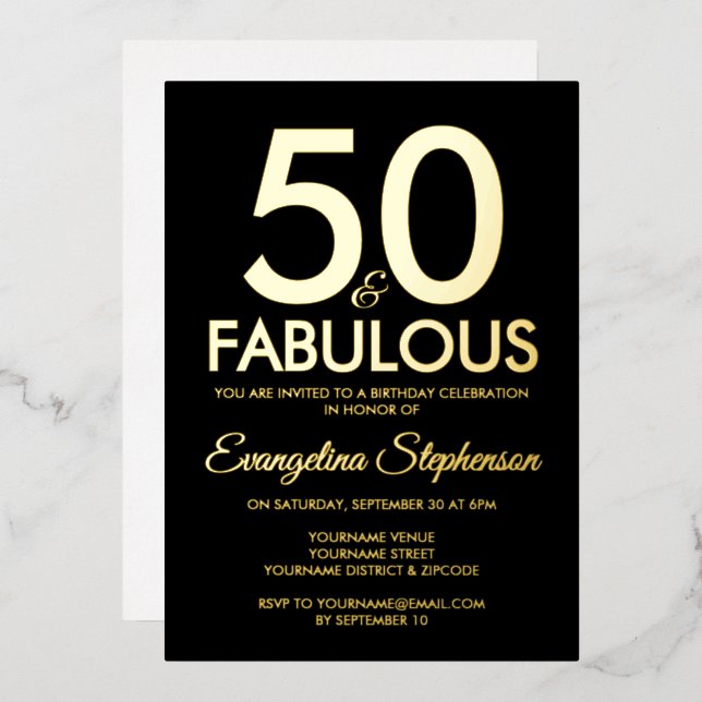 Invitación Con Relieve Metalizado 50 and Fabulous Modern Black Gold 50th Birthday (Anverso/Reverso)
