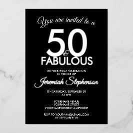 Invitación Con Relieve Metalizado 50 and Fabulous Modern Black Silver 50th Birthday